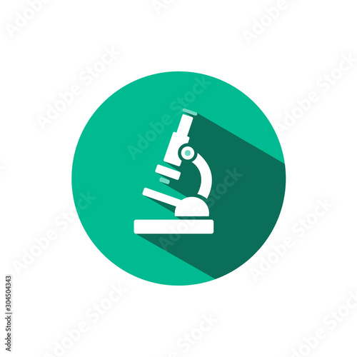 Microscope icon with shadow on a green circle. Vector pharmacy illustration