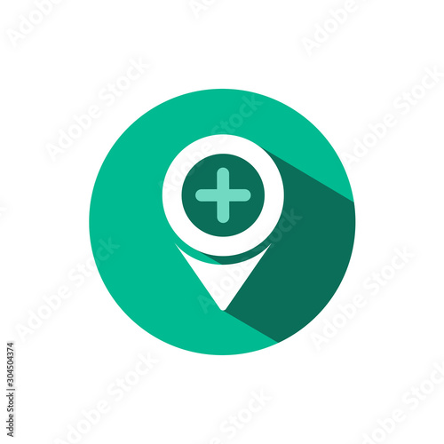Pharmacy location icon with shadow on a green circle. Vector pharmacy illustration