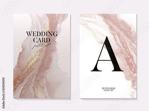 Vector save the date card in pastel beige and gold marble splashes, marble tender soft  grunge watercolor wedding texture background. Modern texture, party design, holiday invitation