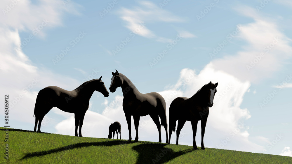 horses Landscape at Sky Background 3D Rendering horses Landscape at Sky Background 3D Rendering