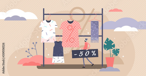 Fototapeta Naklejka Na Ścianę i Meble -  Fashion outlet sale offer concept, flat tiny person vector illustration