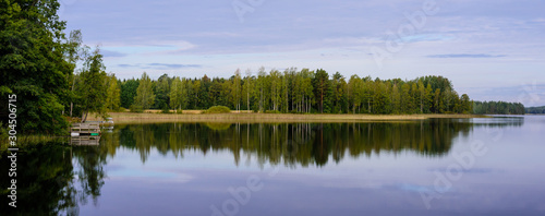 Picturesque lake with forest on the shore in Aurantola village. Typical nature of Finland.