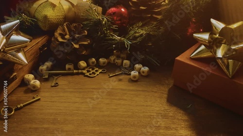 The Christmas decorations on wood table for holiday content.