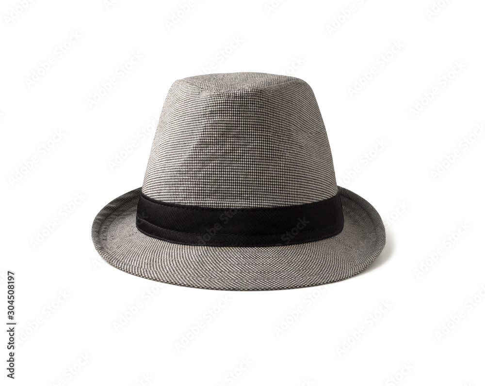 Front view of fedora black and white hat with band. Head dress in gangsters fashion style isolated on white background Front view of fedora black and white hat with band. Head dress in gangsters fashion style isolated on white background