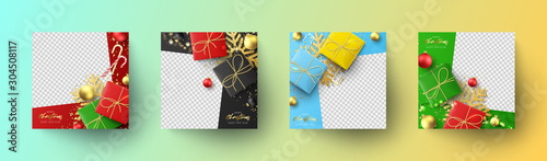 Set Christmas and New Year banners. Holiday social media posts. Social media banners for promote goods and festive congratulations. Vector illustration with greeting card.