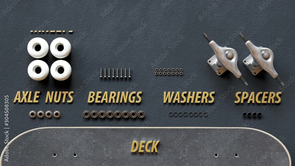 Skateboard assembly process. The animation shows elements of the board