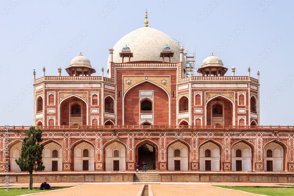 Main Building of Humayun's Tomb Complex with square, park and vegetation. UNESCO World Heritage in Delhi, India. Asia.