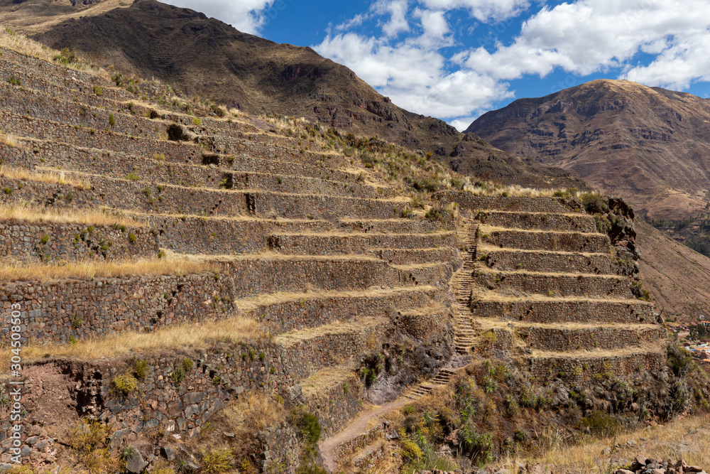 Terraces of Pisac in Urubamba valley near Cusco, Peru.