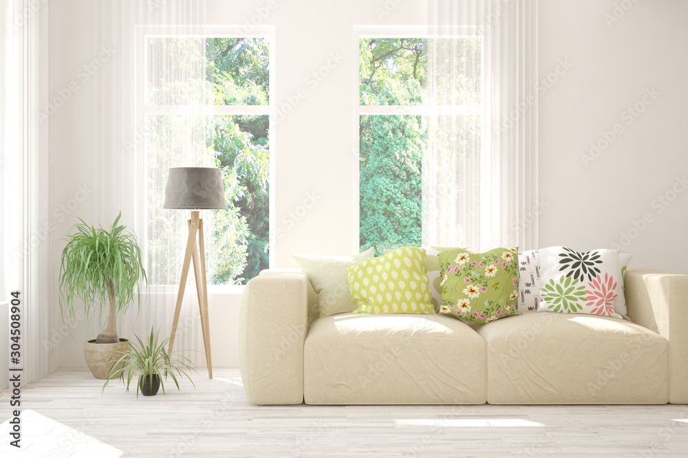 Stylish room in white color with sofa and summer landscape in window. Scandinavian interior design. 3D illustration Stylish room in white color with sofa and summer landscape in window. Scandinavian interior design. 3D illustration