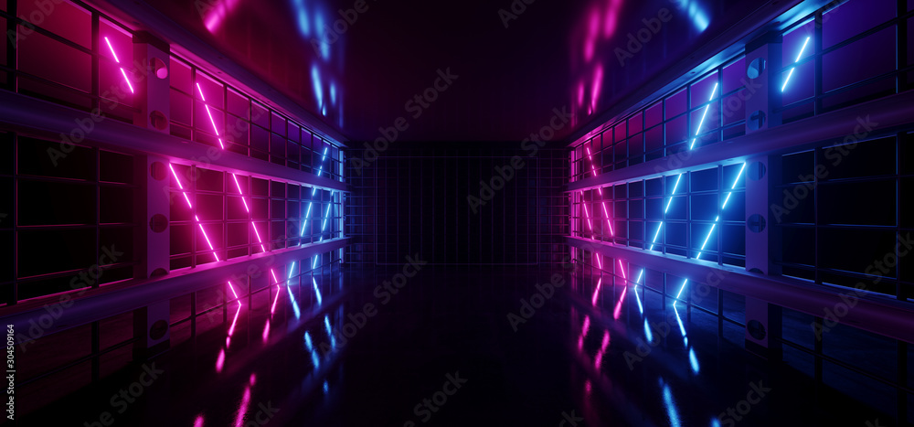 Underground Sci Fi Metal Grid Mesh Room Garage Hall Tunnel Corridor Neon Sign Laser Beams Glowing Blue Purple Vibrant Virtual Reality Space Ship 3D Rendering