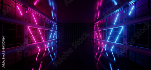 Underground Sci Fi Metal Grid Mesh Room Garage Hall Tunnel Corridor Neon Sign Laser Beams Glowing Blue Purple Vibrant Virtual Reality Space Ship 3D Rendering © IM_VISUALS