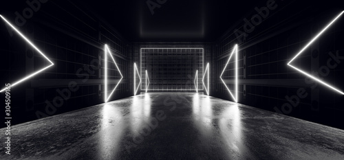 Tunnel Corridor Arrow Shaped Pointer Signs Glowing White Neon Led Laser Alien Retro Modern Sci Fi Futuristic  Garage Underground Virtual Cyber 3D Rendering © IM_VISUALS