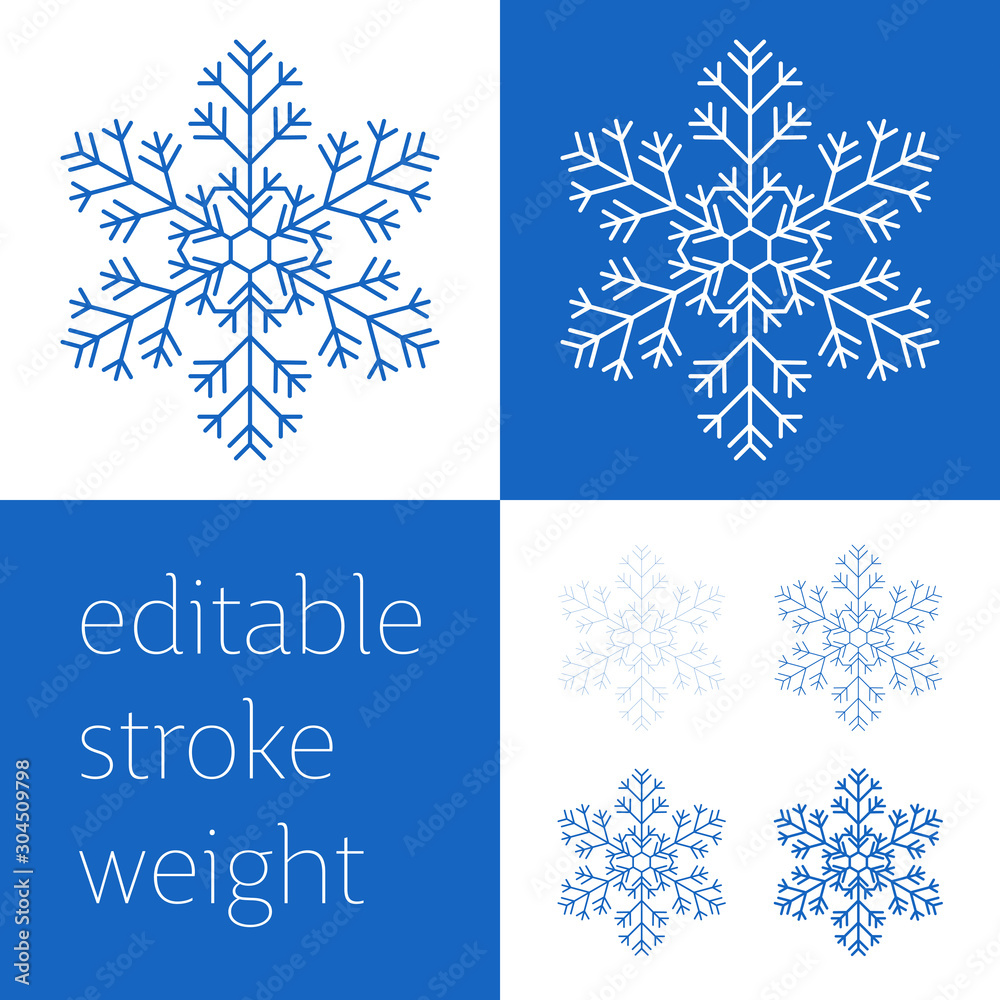 Blue snowflake icon - a symbol of winter holidays, Christmas and New year, cold weather and frost - isolated on white background. Elegant vector design element with editable stroke weight.