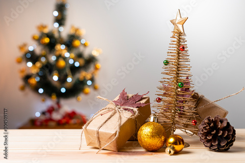 Christmas decoration over wooden table. Christmas blurred background.