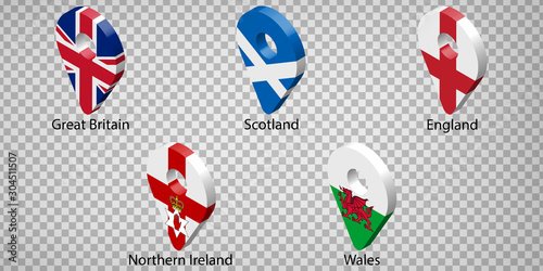 Set Flags of Great Britain, Scotland, Wales, England, Northern Ireland   - with signature.  Set of 3d geolocation signs like national flags of  Great Britain.  Five 3d geolocation signs. EPS10.