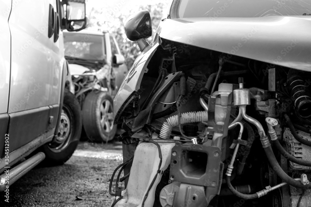black and white damaged partially diassembled car black and white damaged partially diassembled car