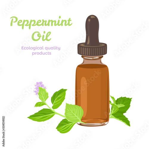 Drops of peppermint oil in dark glass bottle Isolated on white background. Fresh green leaves of mint. Vector illustration of aroma essential oil in cartoon simple flat style.