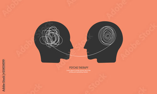 Two humans head silhouette psycho therapy concept. Therapist and patient. Vector illustration