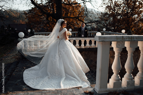 Autumn wedding. Pretty bride and stylish groom. Young bride posing in wedding luxury dress with train. Wedding photography in autumn. Happy bride and groom on their wedding day. The wind waves the vei