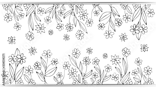 Line drawing border and frame with lines. Floral ornament with leaf on white background. Good for coloring book pages.