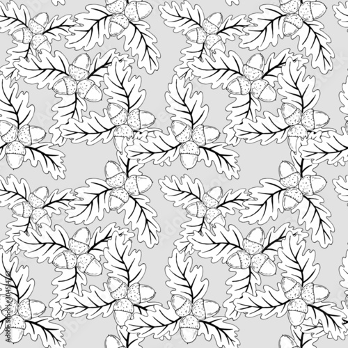 seamless pattern, acorns with leaves in black and white, coloring antistress