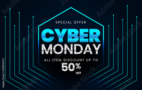 Sale banner template design with blue light effect on dark background, Cyber Monday special offer sale up to 50% off.
