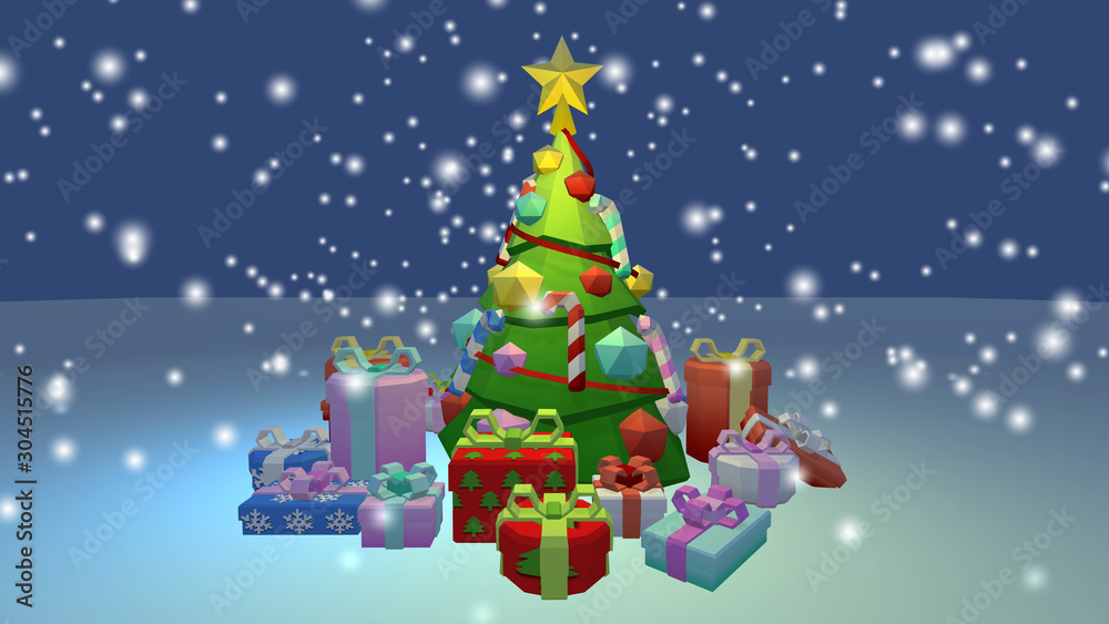 Christmas Scene in 3D, blue light, gifts, snowflakes, low poly