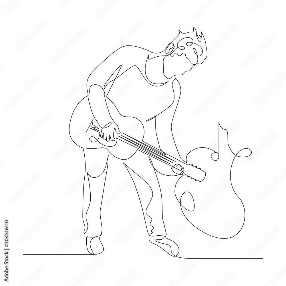 Plakat Continuous one line man playing the guitar leaning forward. Vector illustration.