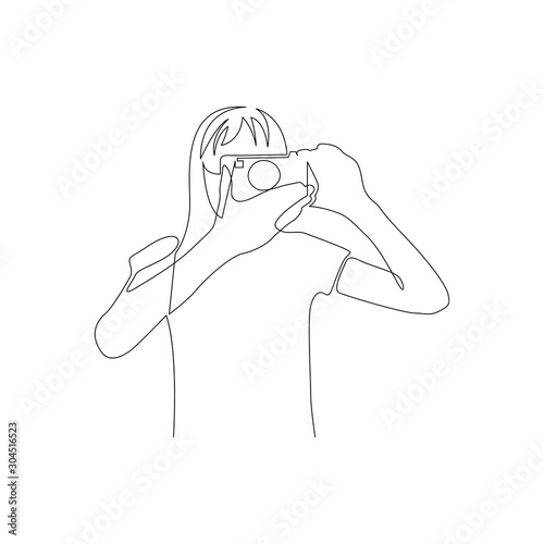 Continuous one line woman takes pictures on camera. Front view. Vector illustration.