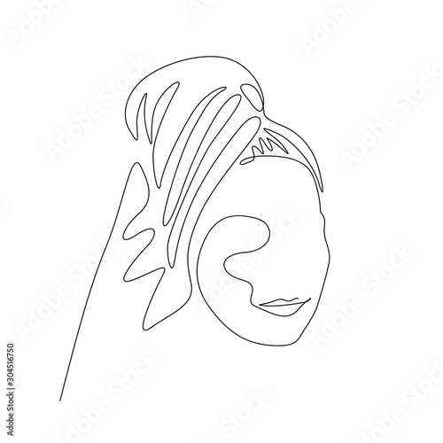 Continuous one line woman with a towel on her head after a shower. Vector illustration.