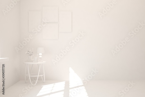 Empty room in white color. Scandinavian interior design. 3D illustration