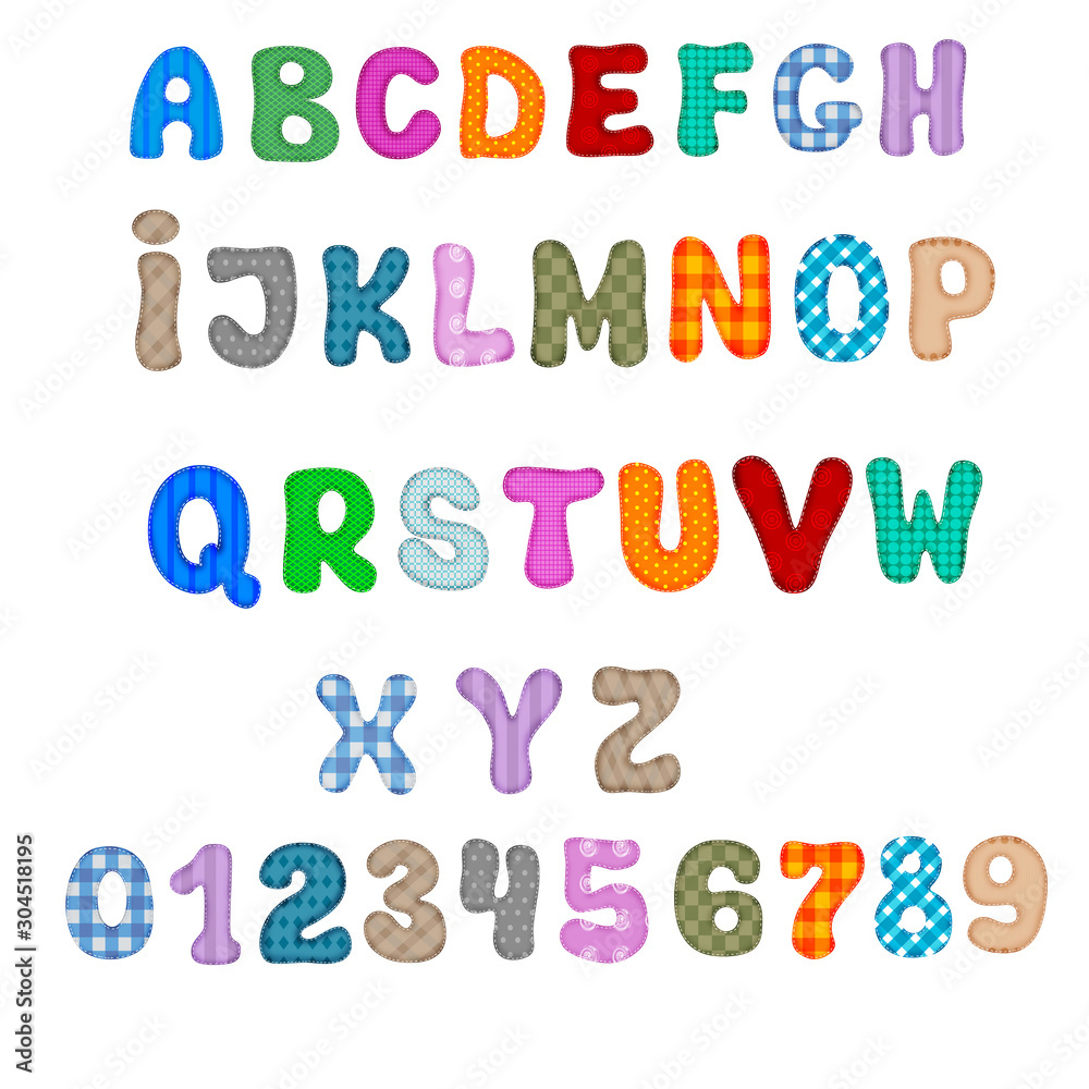 Letters of English alphabet and numbers from stitched rags of multi-colored weaving. Isolated objects on white background