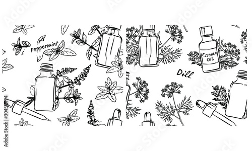  hand-drawn herbs Dill Seamless pattern with bottles with essential oils: essential oil Cosmetic, perfume and therapeutic essential oils, objects on a white background