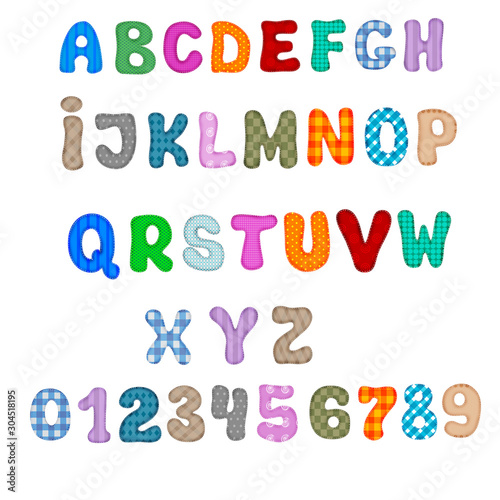 Letters of English alphabet and numbers from stitched rags of multi-colored weaving. Isolated objects on white background