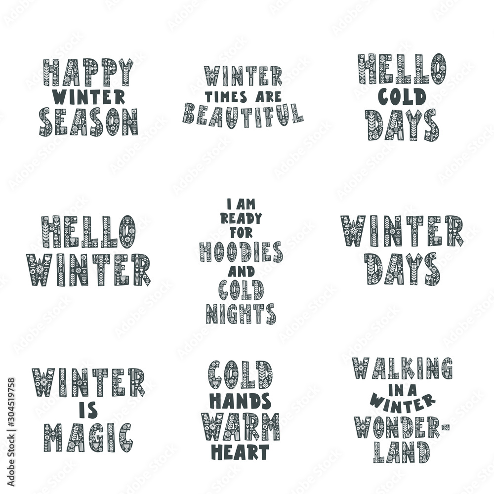 Set of posters in scandinavian style. Winter. Inspiration quotes. Motivational typography. Set of posters in scandinavian style. Winter. Inspiration quotes. Motivational typography.