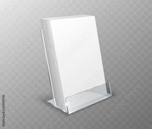 Acrylic holder, table display, glass plastic stand or desk rack with blank cards, realistic vector illustration. Clear desk holder, office organizer isolated on transparent