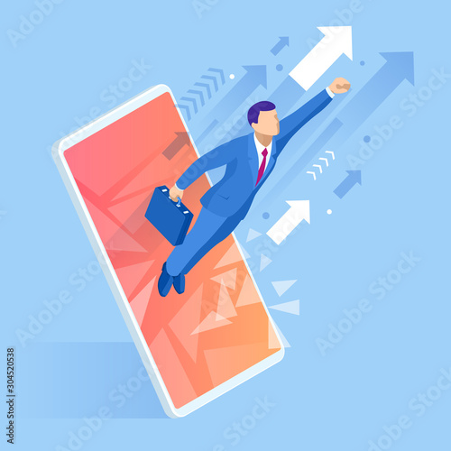 Isometric Concept Business. Mobile marketing and E-commerce Breakthrough.