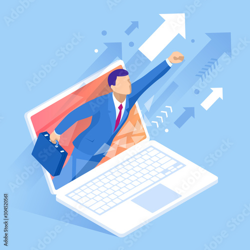 Isometric Concept Business. Mobile marketing and E-commerce Breakthrough.