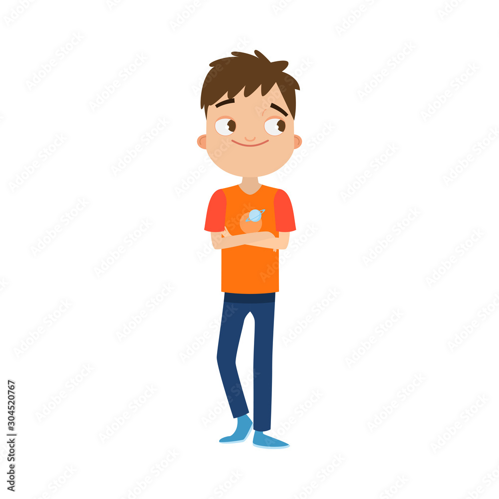 The cute brown-haired boy in blue pants standing with a happy face. Vector illustration in flat cartoon style.