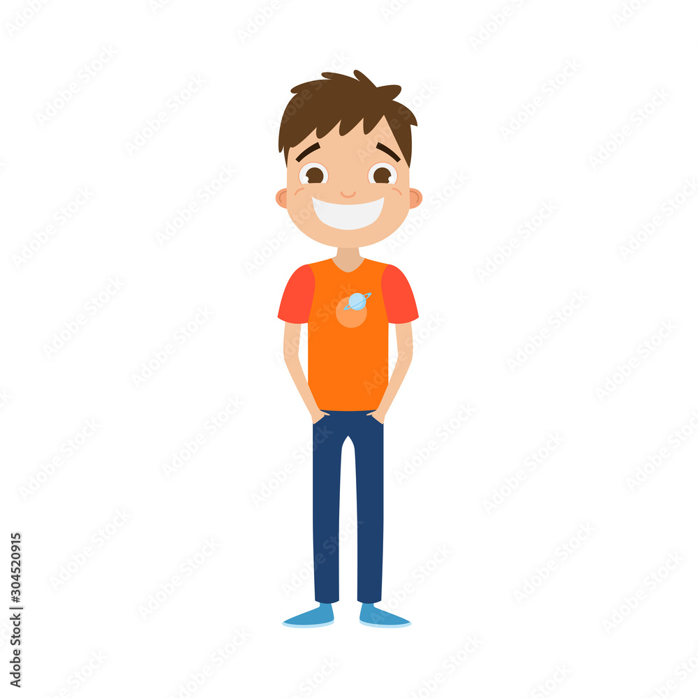 The cute brown-haired boy in blue pants standing with a happy smiling face. Vector illustration in flat cartoon style.