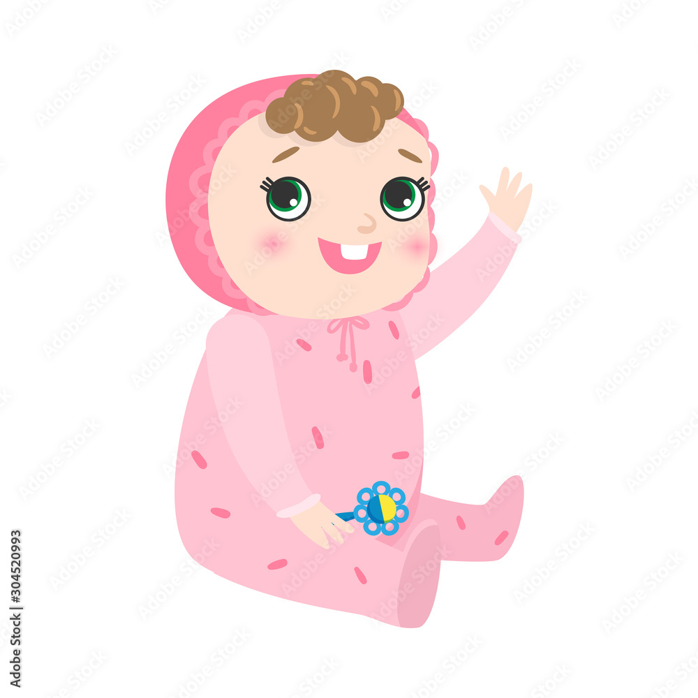 Cute happy smiling baby with kinky hair sitting in pink pajama. Vector illustration in flat cartoon style. Cute happy smiling baby with kinky hair sitting in pink pajama. Vector illustration in flat cartoon style.