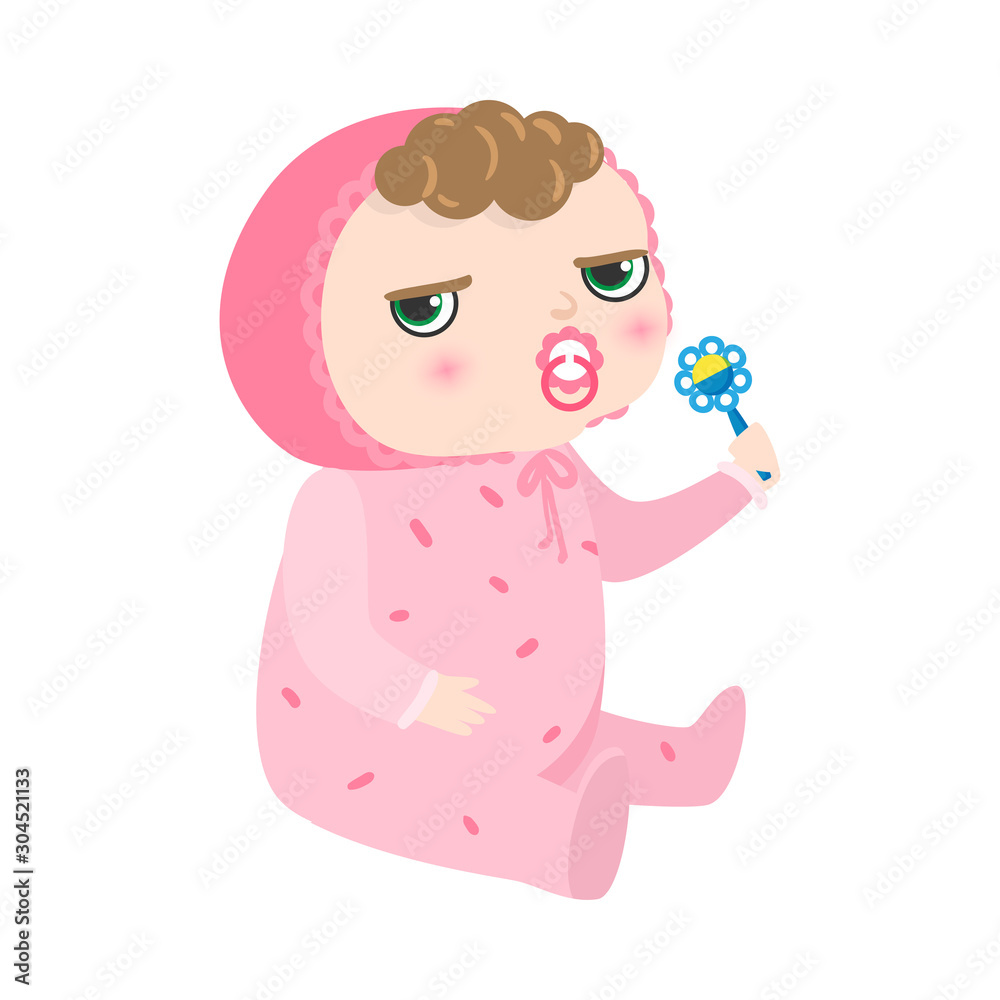 Serious kinky-haired baby with pacifier sitting in pink pajama holding a rattle. Vector illustration in flat cartoon style. Serious kinky-haired baby with pacifier sitting in pink pajama holding a rattle. Vector illustration in flat cartoon style.
