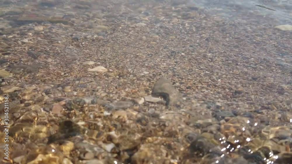 Super slow motion water waves washing on shore. shiny wet pebbles. Super slow motion water waves washing on shore. shiny wet pebbles.