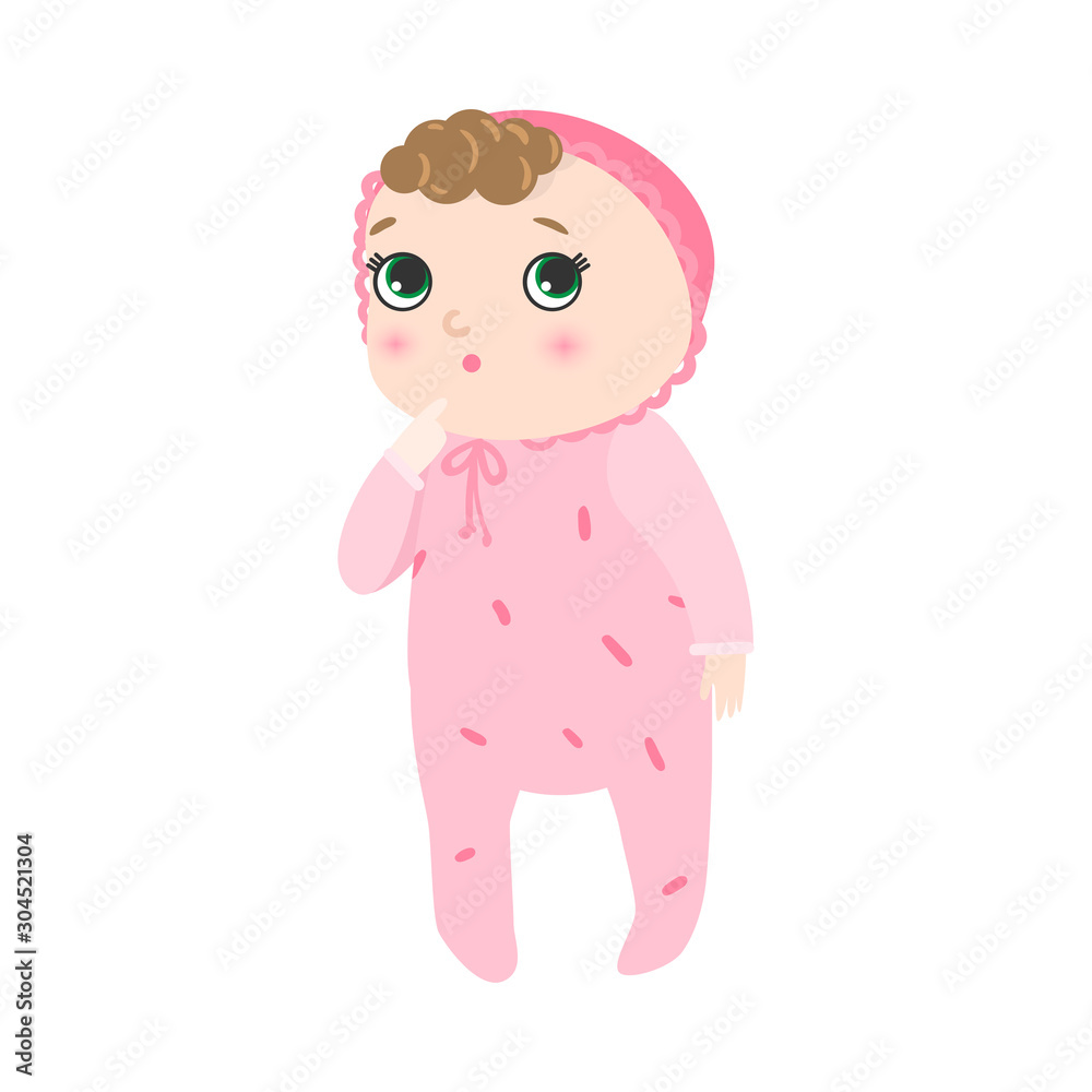 Cute pensive baby standing with kinky hair in pink pajama. Vector illustration in flat cartoon style. Cute pensive baby standing with kinky hair in pink pajama. Vector illustration in flat cartoon style.