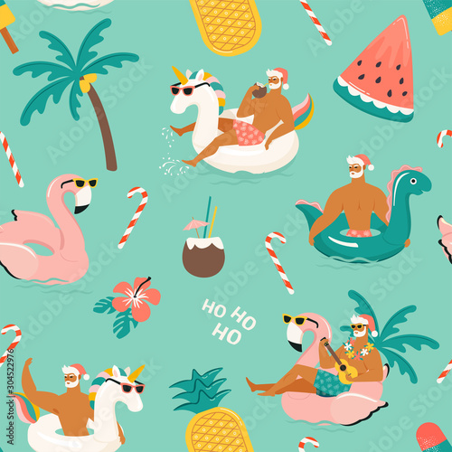 Tropical Hot Christmas. Seamless pattern with cute funny sexy Santa Claus with unicorn dinosaurand, flamingo inflatable ring. Vector illustration.