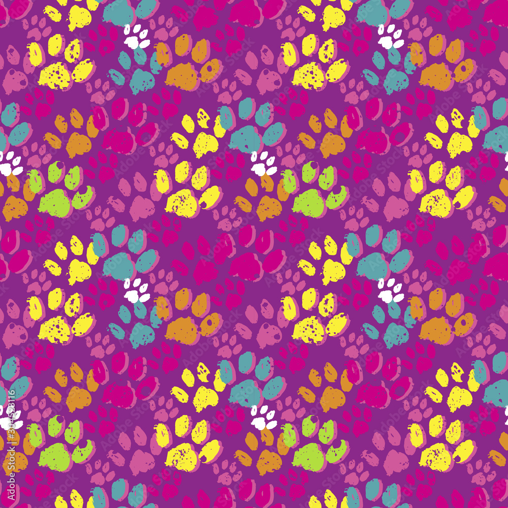 Abstract seamless vector pattern for girls, boys, clothes. Creative background with animal footprint, geometric figures Funny wallpaper for textile and fabric. Fashion style. Colorful bright