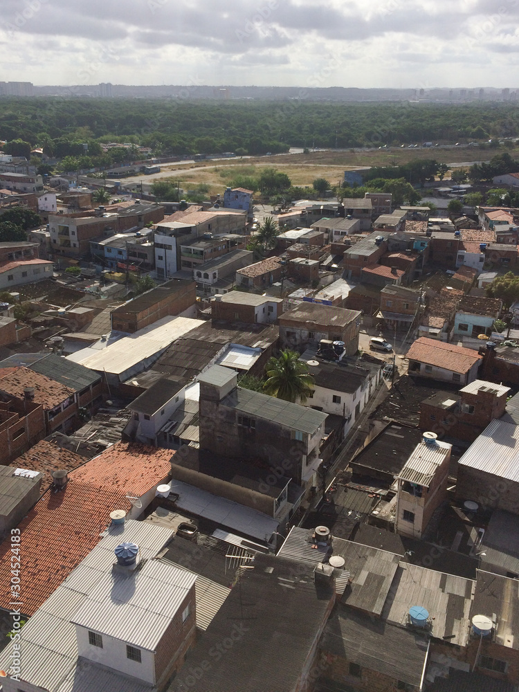 Fototapeta premium Recife / Pernambuco / Brazil. November, 18, 2019. Aerial view of the Pina community with its houses and narrow streets that are sometimes associated with Rio's favelas, in the south of Recife.