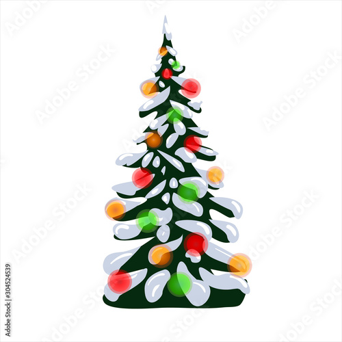 Vector winter illustration. Christmas tree decorated with glowing balls, garland, light bulbs. Christmas tree with snow on the branches. Isolated on a white background.