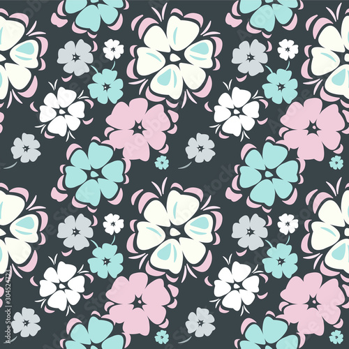 Fototapeta Naklejka Na Ścianę i Meble -  Beautiful seamless pattern with colorful flowers isolated on grey background. Vector image can be used for wallpaper, pattern fills, web page background, surface textures and more creative ideas.