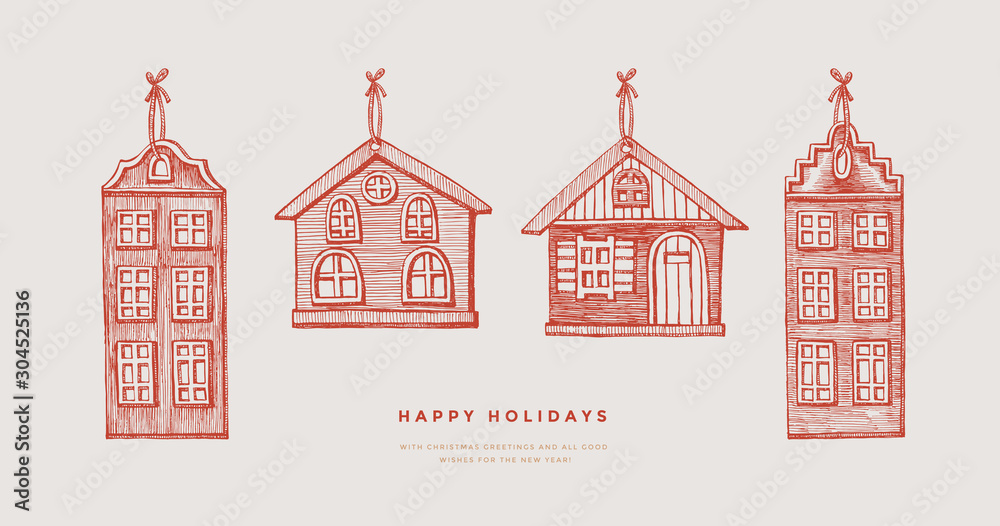 Collection of hanging Christmas tree decorations houses in retro style. Decor for the Christmas holiday. Happy New Year vacations. Vector illustration in engraving style on a light background.